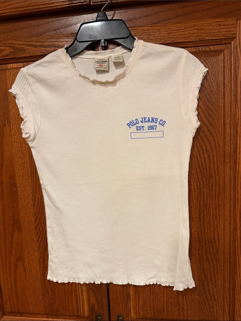 Ralph Lauren Polo Jeans Co. White Ribbed Short Sleeve Tee with Blue Logo